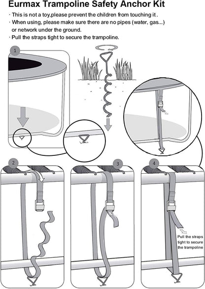 USA Trampoline Stakes Heavy Duty Trampoline Parts Corkscrew Shape Steel Stakes Anchor Kit with T Hook for Trampolines -Set of 4 Bonus 4 Strong Belt,Black